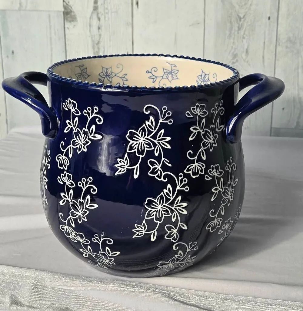 Temp-tations By Tara Blue Floral Lace Ceramic Utensil Crock Soup Pot - Picture 2 of 6